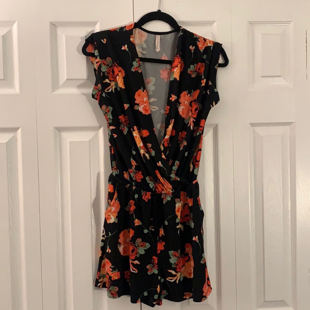 Black and orange flower print romper